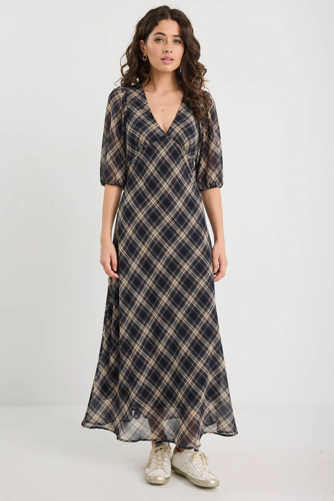 Amora Black Check Chiffon SS Bias Midi Dress