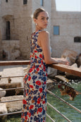 Aston Blue Red Poppy Satin Bias Flared Maxi Dress