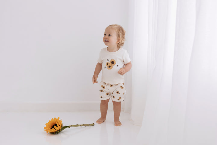 Aster & Oak sunflower harem shorts available from www.thecollectivenz.com