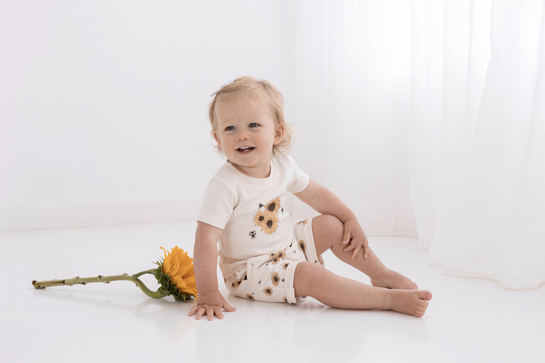 Aster & Oak sunflower harem shorts available from www.thecollectivenz.com