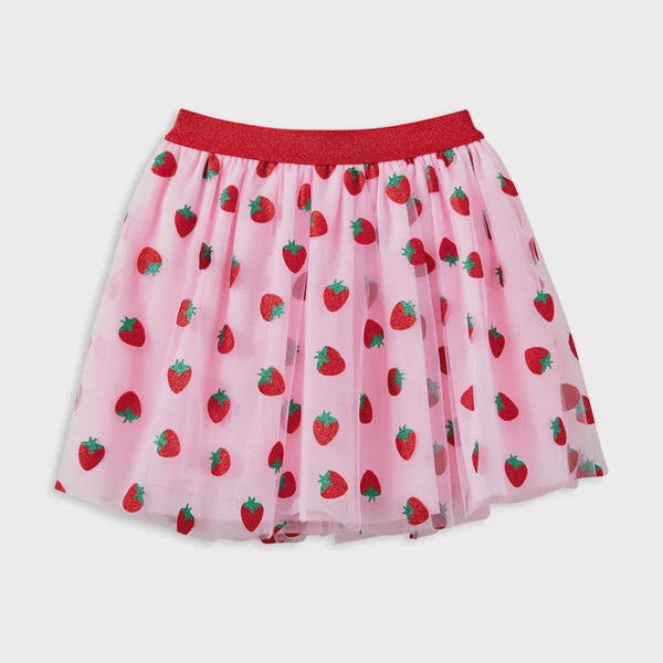 A pink tulle tutu skirt with an all-over strawberry print and a solid red elastic waistband, shown against a plain white background.