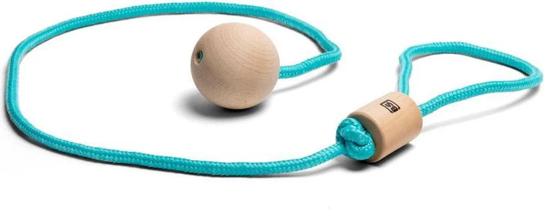 Wooden ball on a blue rope with a branded clip on a white background