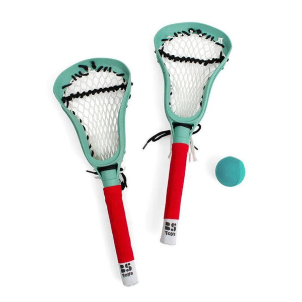 Two lacrosse sticks with green heads and red handles, accompanied by a teal ball on a white background.