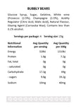 Nutritional information label for Bubbly Bears with ingredients and serving details.