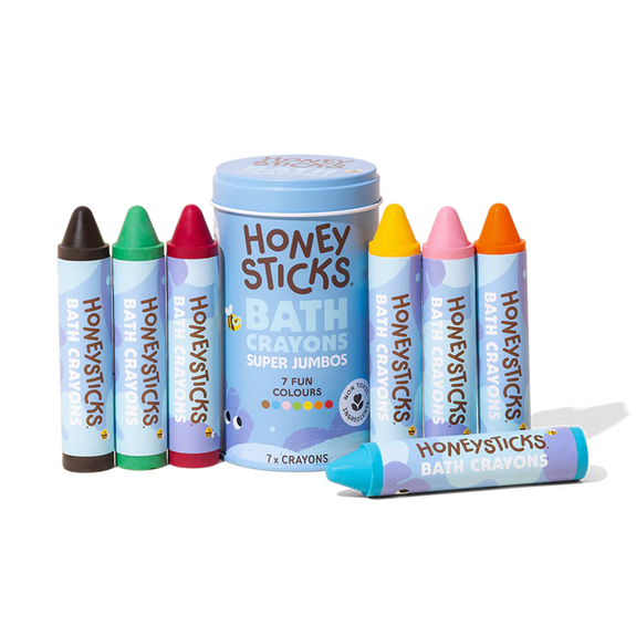Honeysticks bath crayons set with a tin on a white background