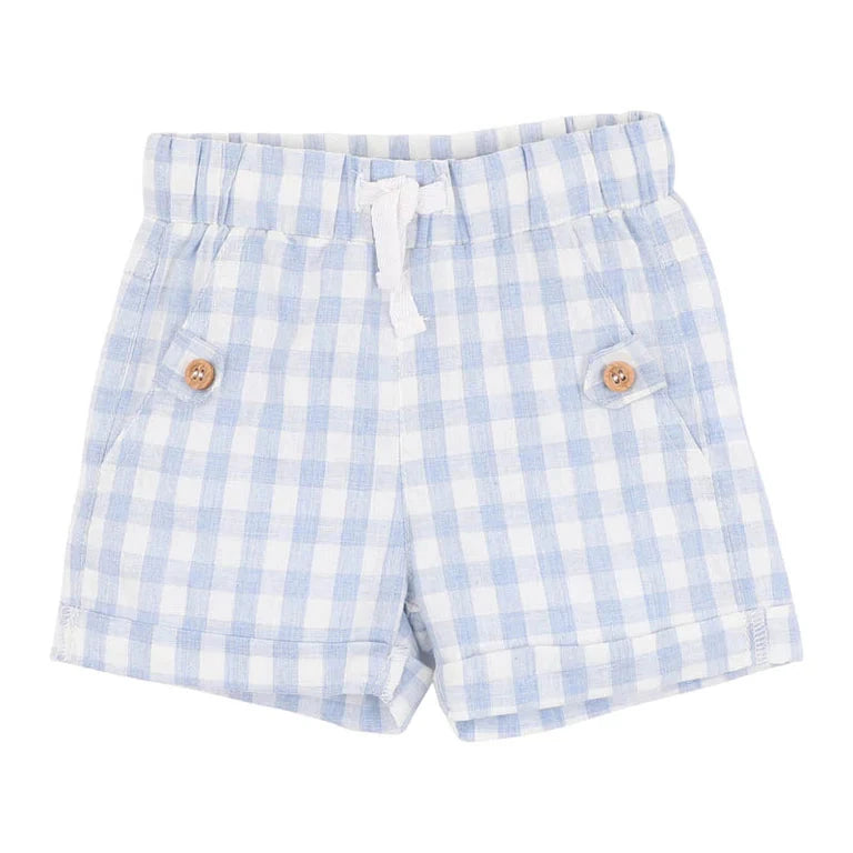 Bebe Blue and white checkered shorts with buttons on a white background