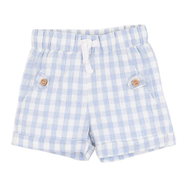 Bebe Blue and white checkered shorts with buttons on a white background