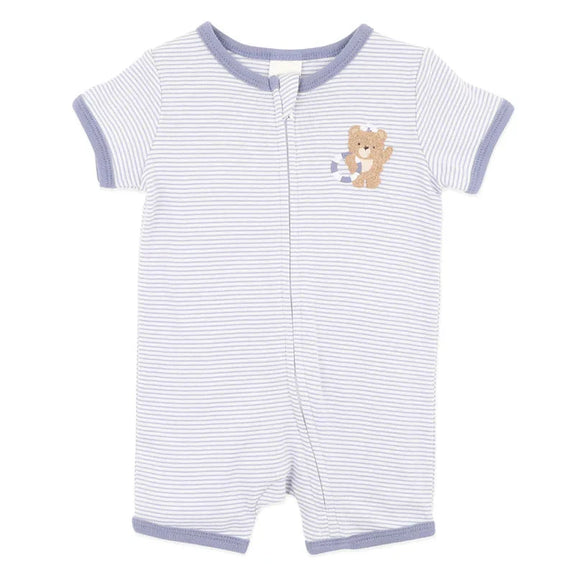 Bebe Striped baby romper with teddy bear design on a white background