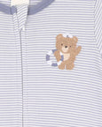 Bebe Striped baby outfit with a teddy bear design on a blue and white background