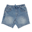 Bebe Blue denim shorts on a white background