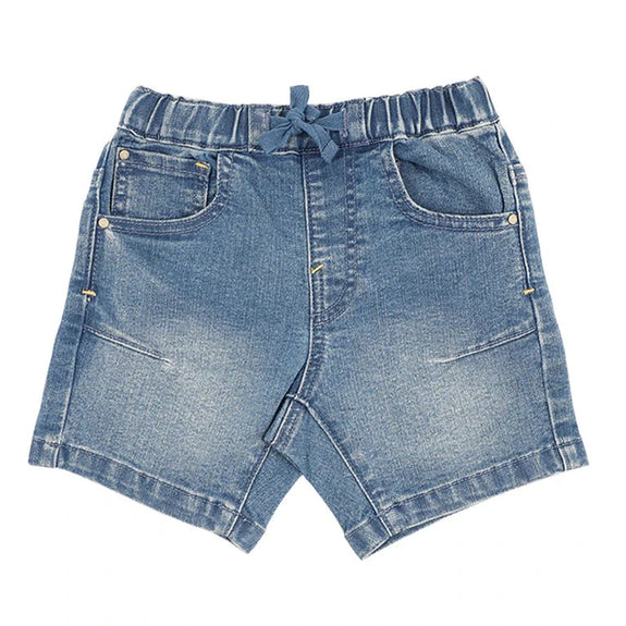 Bebe Blue denim shorts on a white background