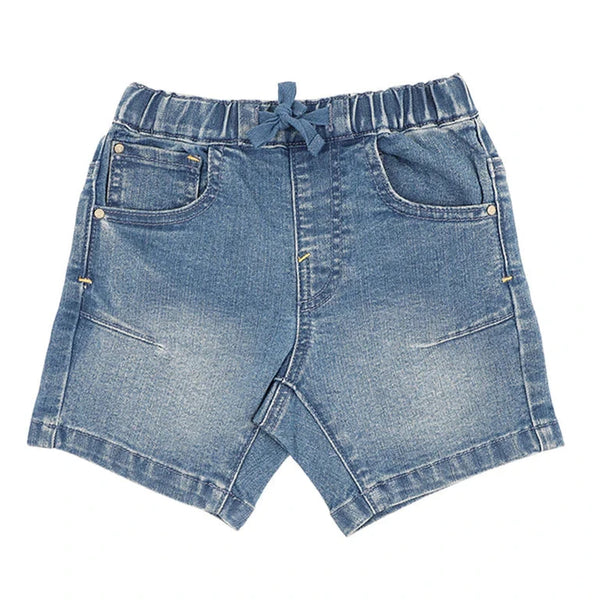 Bebe Blue denim shorts on a white background