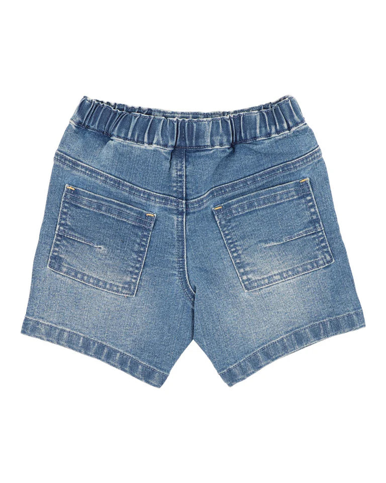 Bebe Blue denim shorts on a white background