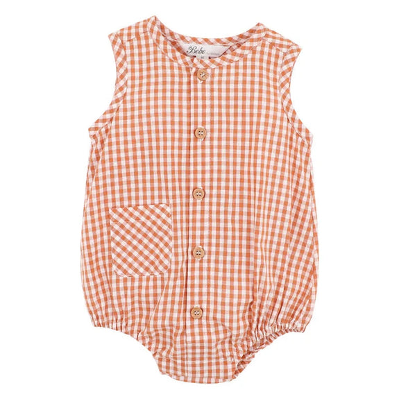 Bebe Orange and white checkered baby romper on a white background