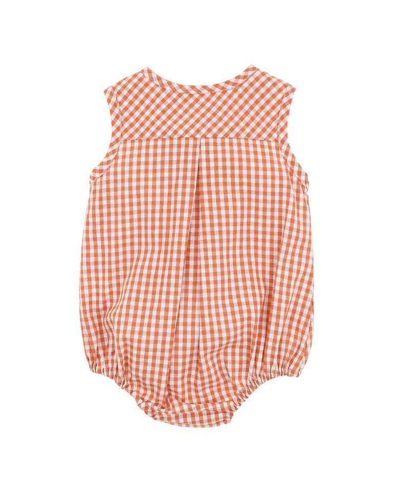Bebe Orange and white checkered baby romper on a white background