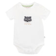 Bebe White baby bodysuit with a raccoon design and 'Little Wildling' text on a white background