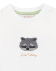 White Bebe bodysuit with raccoon design and 'Little Wildling' text on a white background
