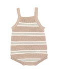 Bebe Striped baby romper with beige and white stripes on a white background