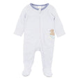 Bebe baby onesie with a teddy bear patch on a white background