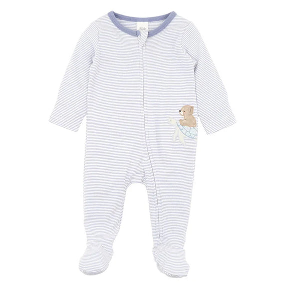 Bebe baby onesie with a teddy bear patch on a white background