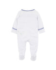 Bebe White baby onesie with blue stripes on a white background