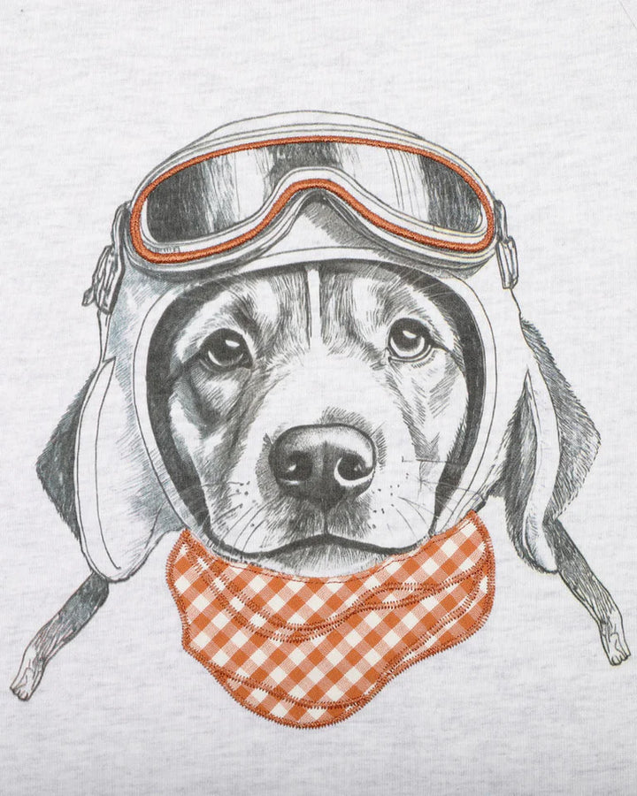 Bebe Illustration of a dog wearing goggles and a checkered bandana on a white background