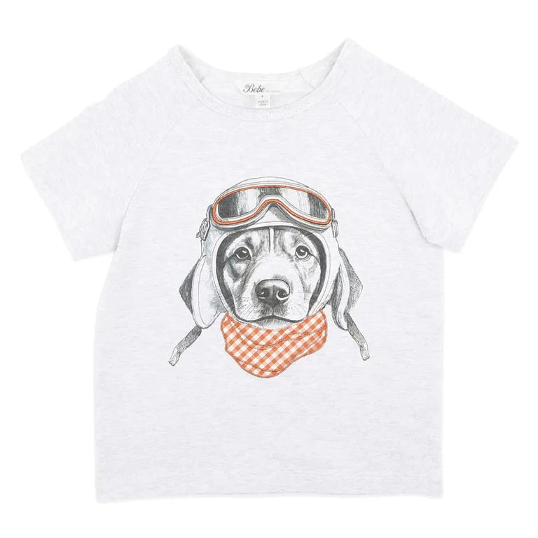 Bebe White t-shirt with a dog graphic wearing goggles and a bandana on a white background