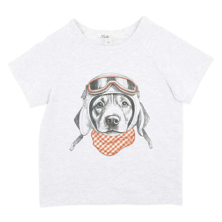 Bebe White t-shirt with a dog graphic wearing goggles and a bandana on a white background