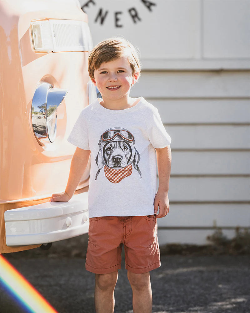 Young boy wearing a Bebe graphic t-shirt standing in front of a vintage van.