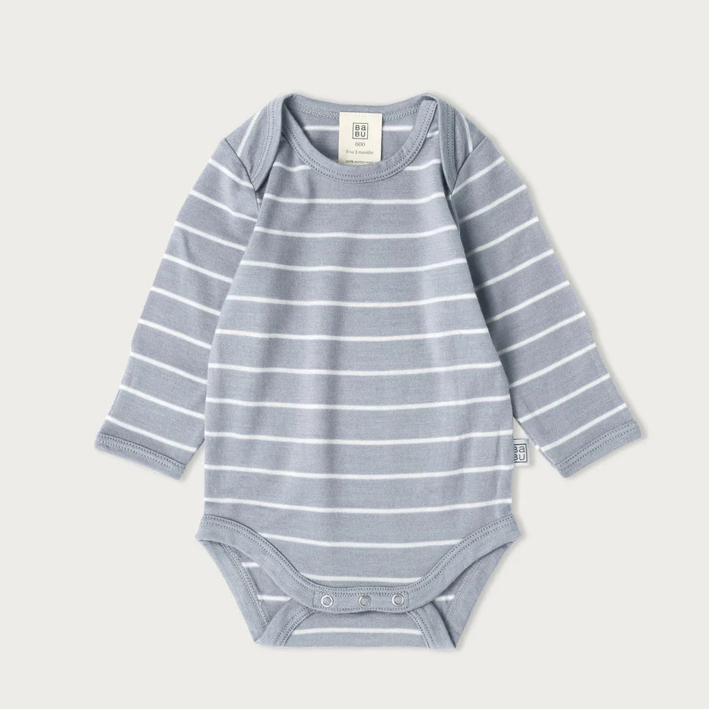 Babu Long-Sleeved Merino Bodysuit is an essential layette wardrobe staple available from www.thecollectivenz.com