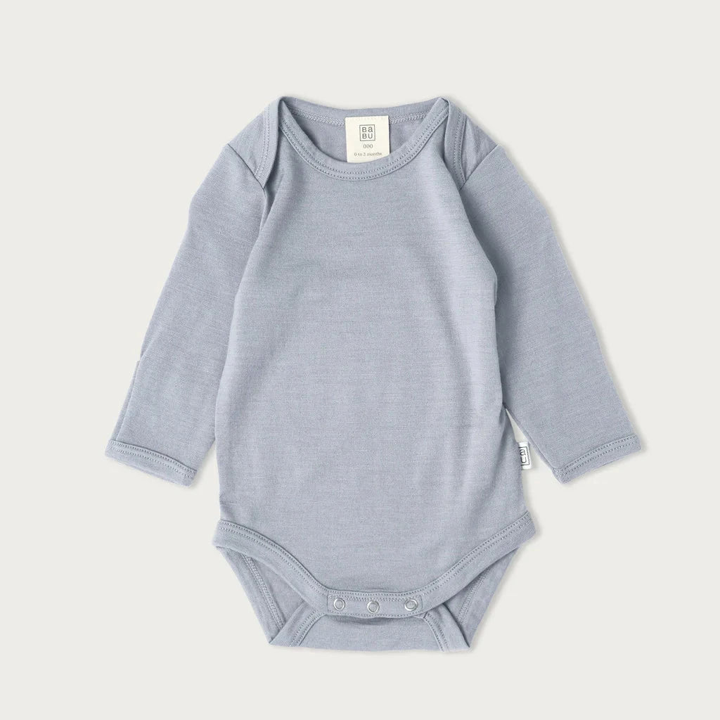 Babu Long-Sleeved Merino Bodysuit is an essential layette wardrobe staple available from www.thecollectivenz.com