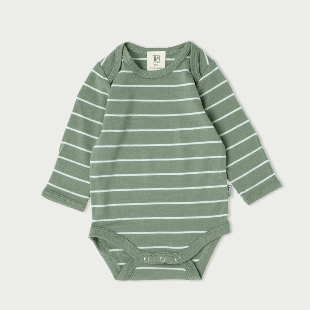 Babu Long-Sleeved Merino Bodysuit is an essential layette wardrobe staple available from www.thecollectivenz.com