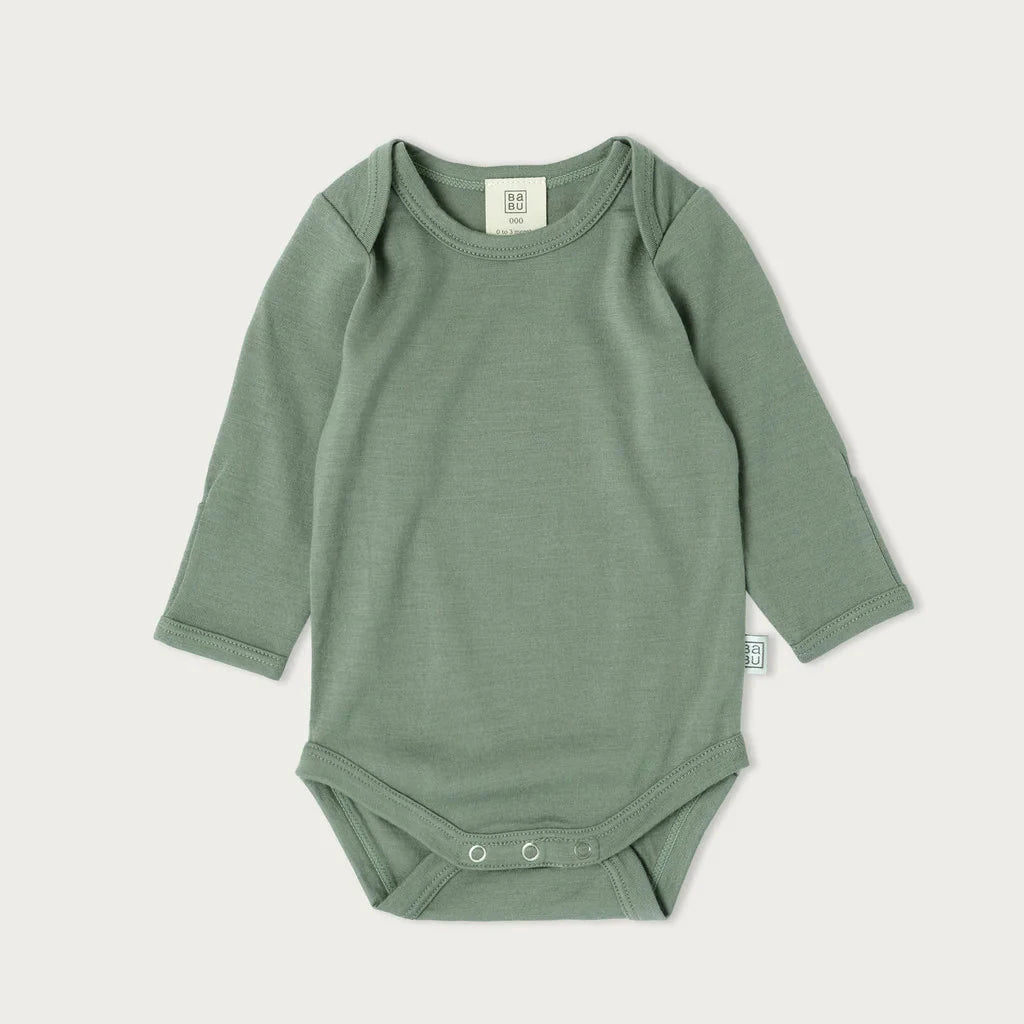 Babu Long-Sleeved Merino Bodysuit is an essential layette wardrobe staple available from www.thecollectivenz.com