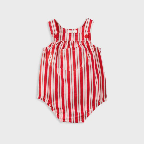A baby romper with red and white vertical stripes, featuring a smocked bodice and shoulder straps, laid flat on a light gray background.