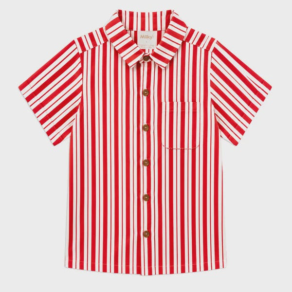 A short-sleeve button-up shirt with vertical red and white stripes, featuring brown buttons and a single chest pocket, displayed flat against a light gray background.