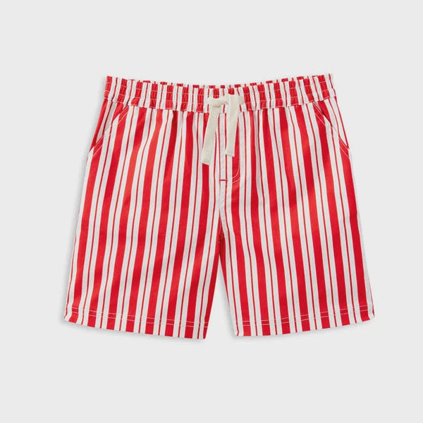 Red and white vertically striped swim trunks with a white drawstring, shown flat on a white background.