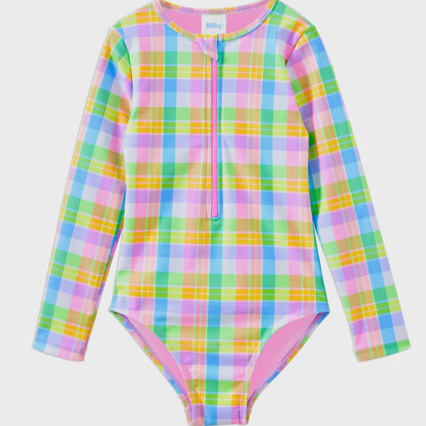 A long-sleeve baby bodysuit featuring a pastel multicolor plaid pattern with pink, green, yellow, and blue tones, complete with a half-zip neckline and a snap closure at the crotch, shown against a light gray background.