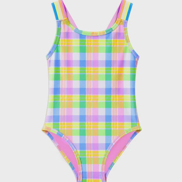 A sleeveless one-piece swimsuit with a colorful pastel plaid pattern, featuring thin shoulder straps and a scoop neckline, shown against a plain white background.