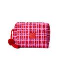 The Somewhere co Red and white checkered cosmetic bag with a pom-pom on a white background