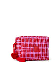 The Somewhere Co Red and white checkered cosmetic bag with a pom-pom on a white background