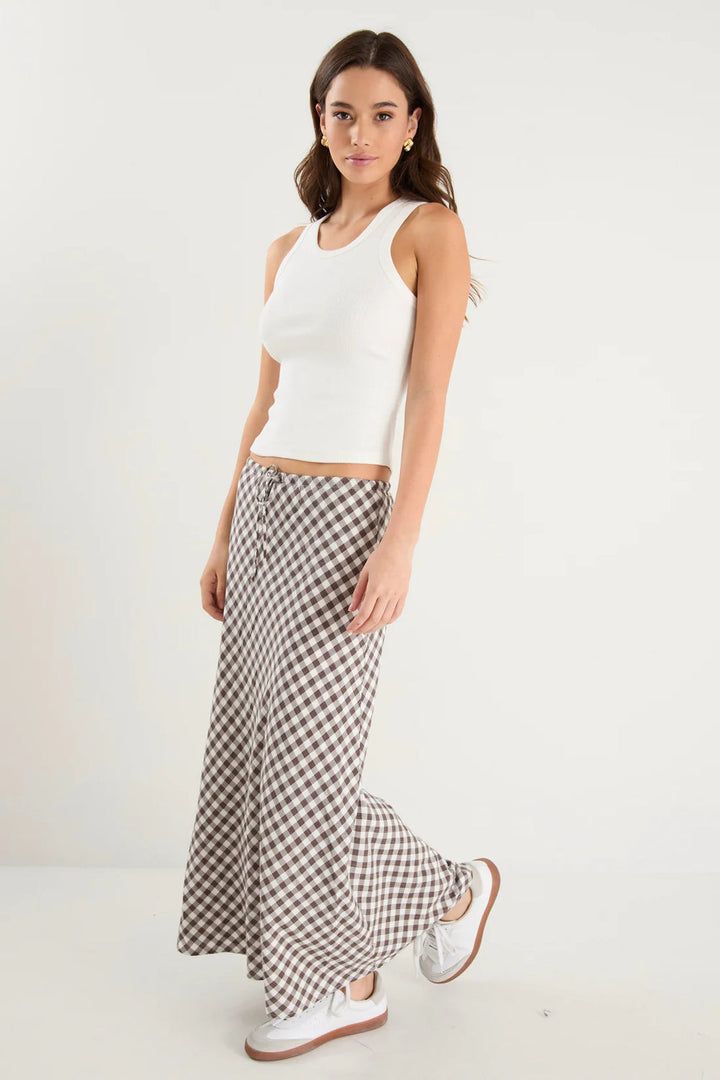 Summit Chocolate Gingham Cotton Blend Tie Waist Bias Maxi Skirt