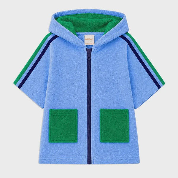 A light blue hooded zip-up jacket with green accents, including a green-lined hood, green square chest pockets, and green and navy stripes on the sleeves, shown on a light gray background.