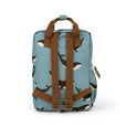Backpack with whale pattern and brown straps on a white background