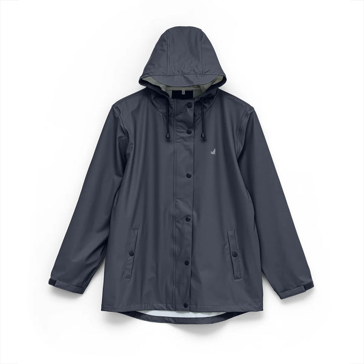 Dark gray raincoat with a hood on a white background