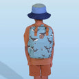 Child wearing a blue backpack and hat on a light blue background