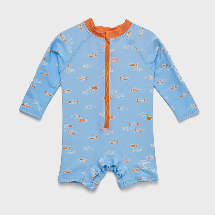 A baby long-sleeve one-piece swimsuit in light blue with an orange zipper and collar, decorated with a pattern of orange and white fish, laid flat on a light gray background.