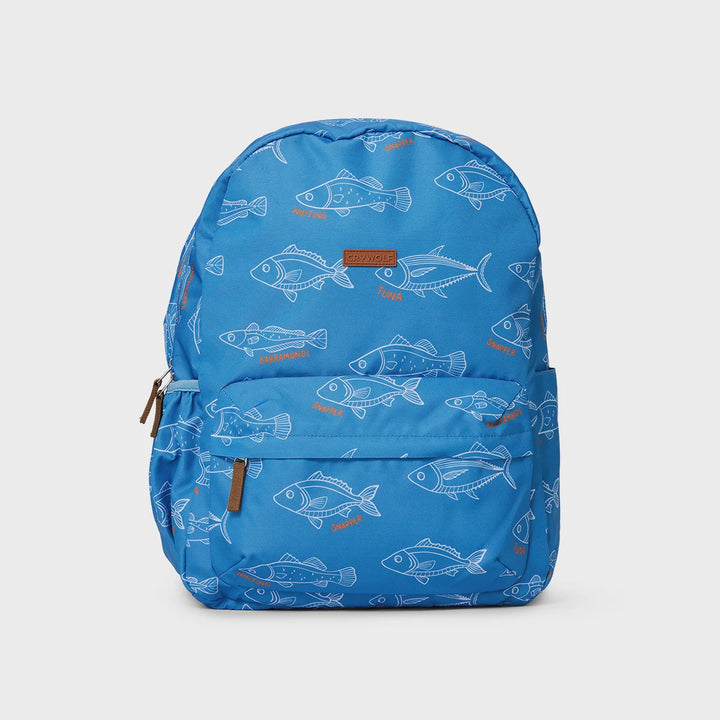 A blue nylon backpack featuring an all-over pattern of white fish illustrations with small orange accents, shown against a light gray background.