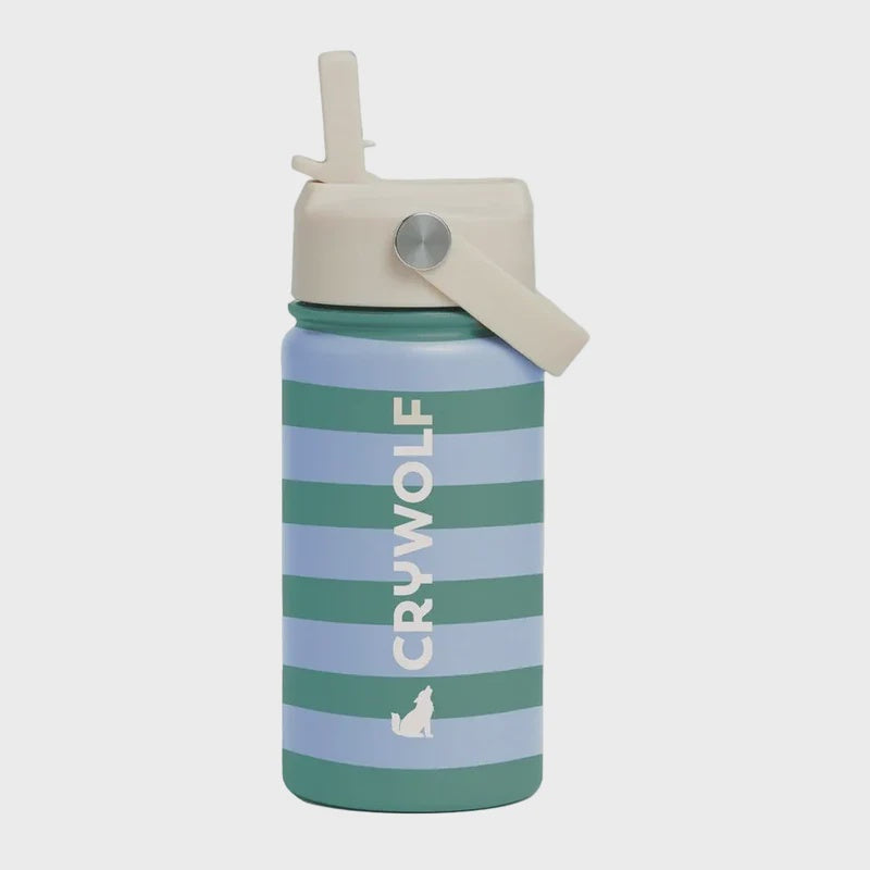 A Crywolf insulated water bottle with horizontal stripes in shades of teal and light blue, featuring a cream-colored lid with a flip-up straw and carrying loop, set against a solid light gray background.