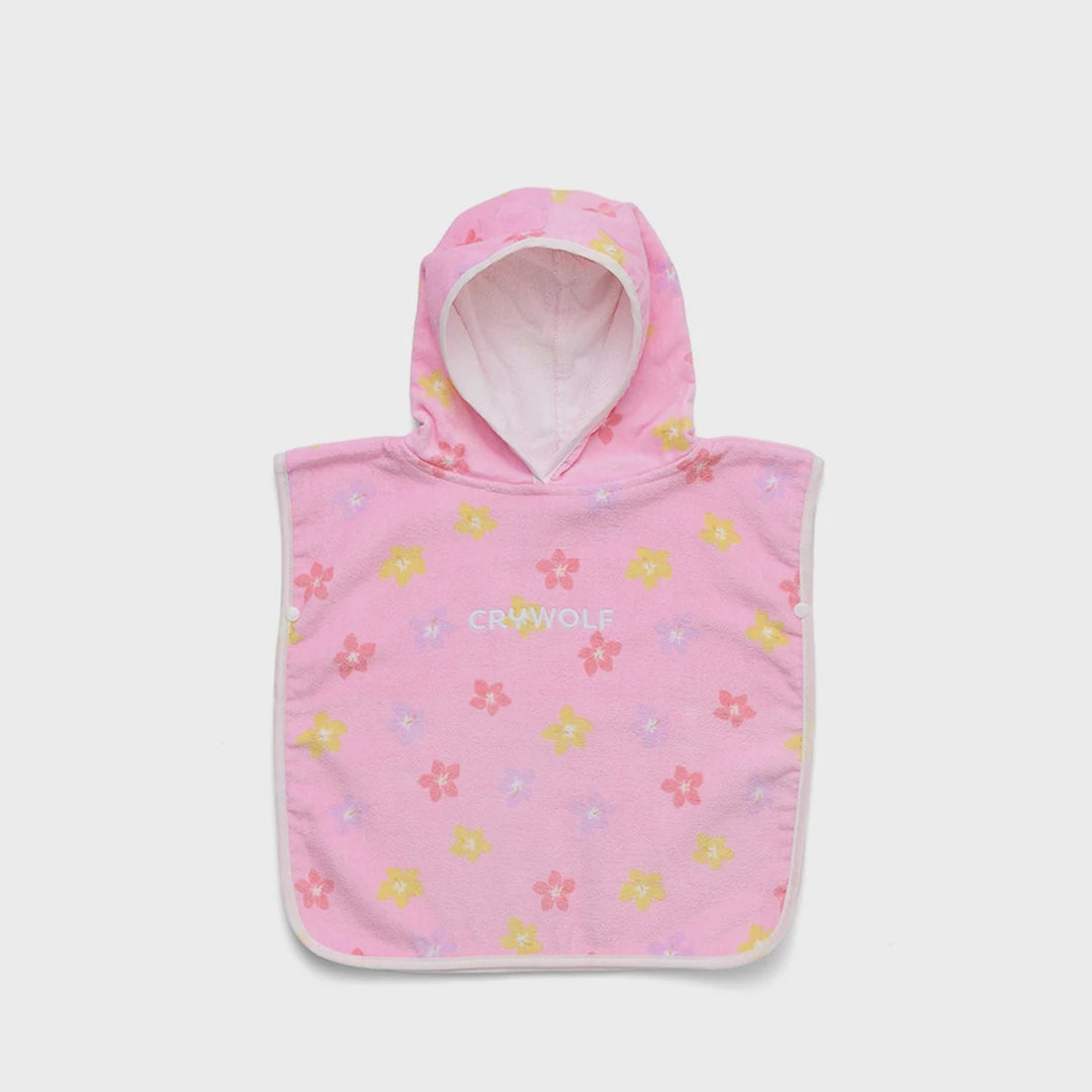 A pink hooded towel poncho with a small multicolor floral pattern and the brand name 'CRAWLIFE' printed on the front, shown against a light gray background.