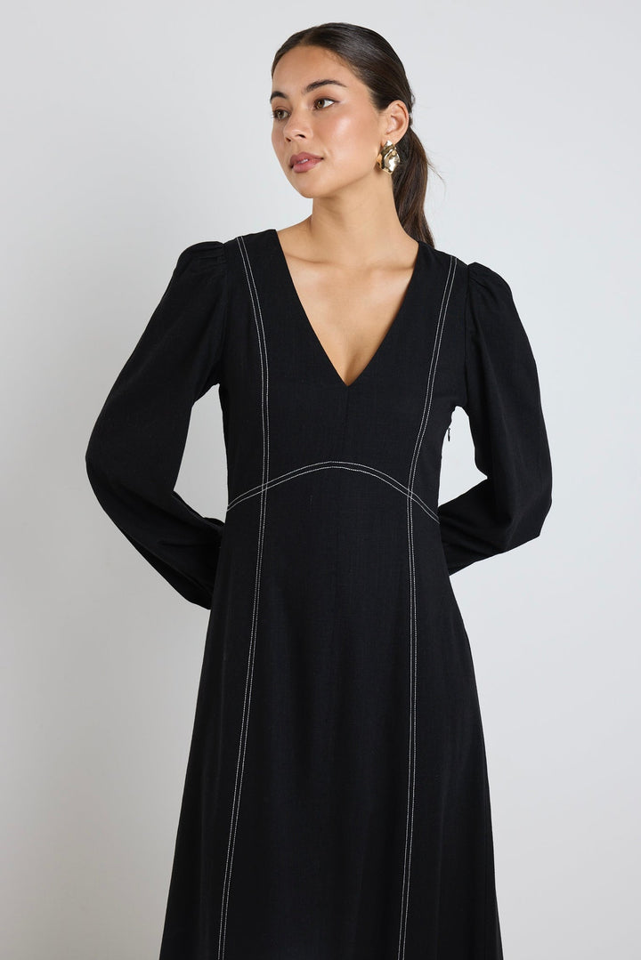 Case Black LS Contrast Stitch Midi Dress